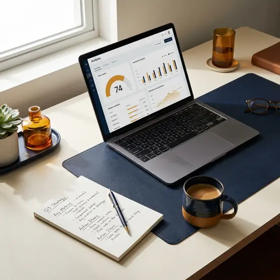 Arbeitsplatz mit Auswertungs-Dashboard — Webstrategie Schneider