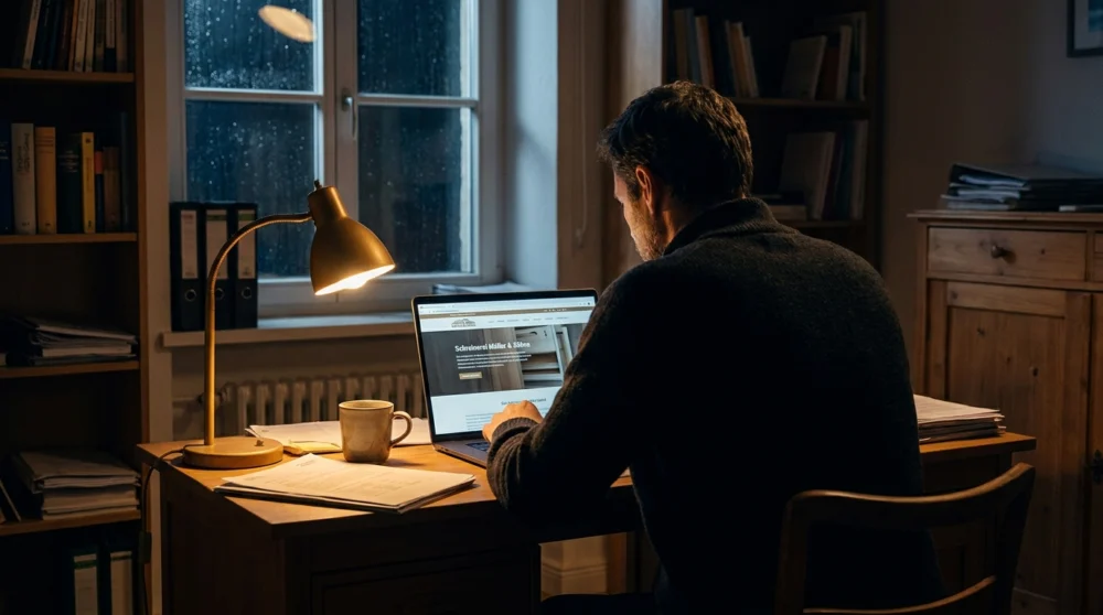 Unternehmer sitzt abends am Schreibtisch vor seiner Website