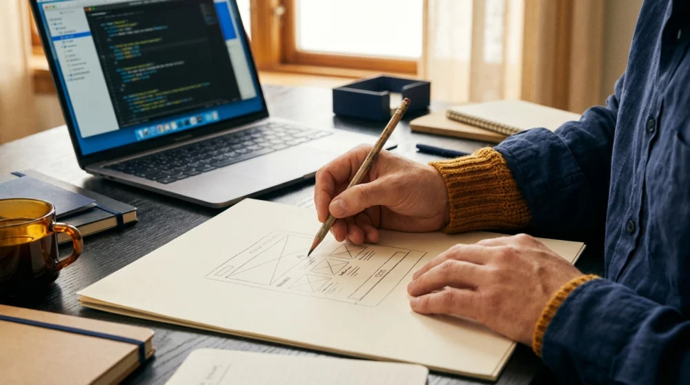 Hände skizzieren ein Website-Wireframe auf Papier