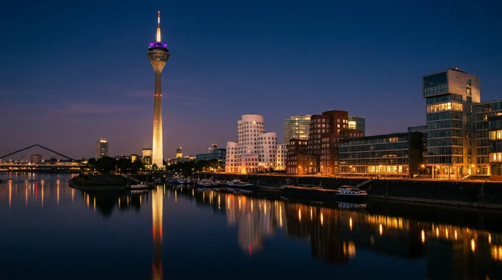 Düsseldorfer Medienhafen mit Rheinturm am Abend