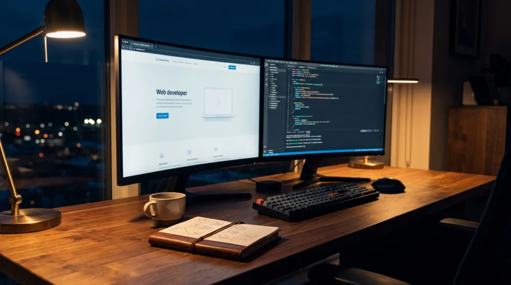 Entwickler-Arbeitsplatz mit Website-Design und Code auf zwei Monitoren